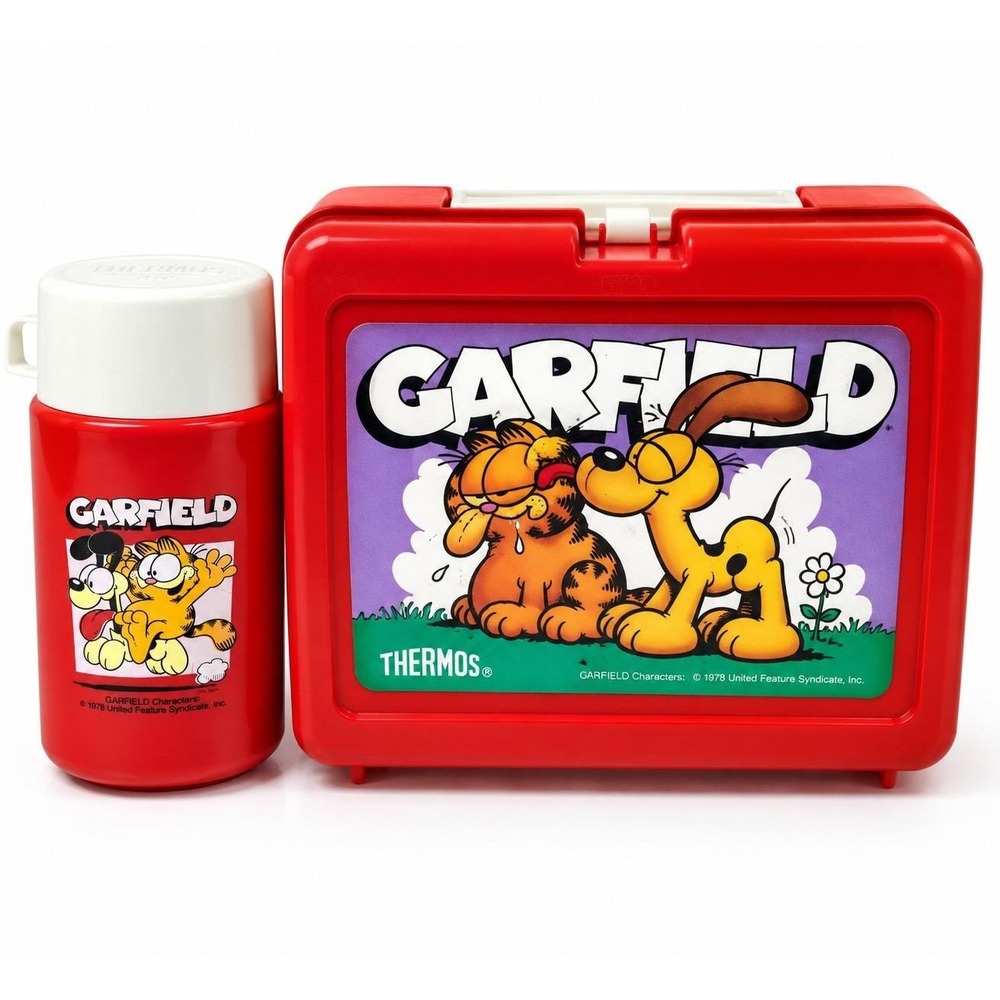 Vintage 1978 Garfield Odie Thermos Lunch Box Set Bottle Cup Red USA Complete